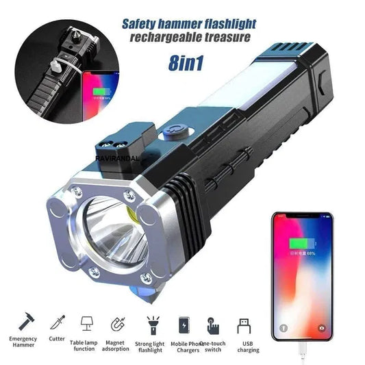 8-in-1 Rechargeable LED Flashlight | Emergency Torch with Safety Hammer & Seat Belt Cutter