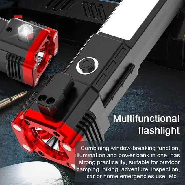 8-in-1 Rechargeable LED Flashlight | Emergency Torch with Safety Hammer & Seat Belt Cutter