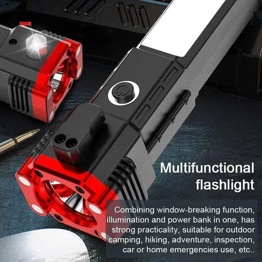 8-in-1 Rechargeable LED Flashlight | Emergency Torch with Safety Hammer & Seat Belt Cutter