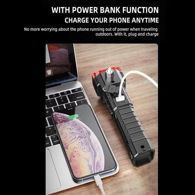 8-in-1 Rechargeable LED Flashlight | Emergency Torch with Safety Hammer & Seat Belt Cutter